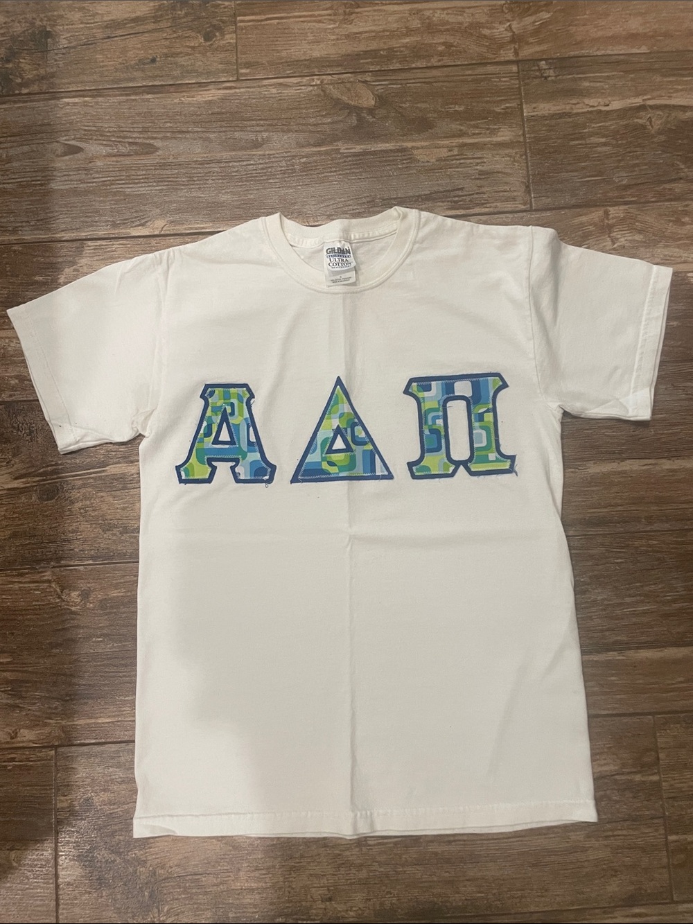 ADPi White T-Shirt with Blue & Green Greek Letters